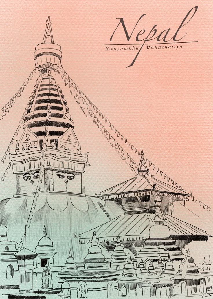 Nepal Swayambhu Stupa Sketch Drawing